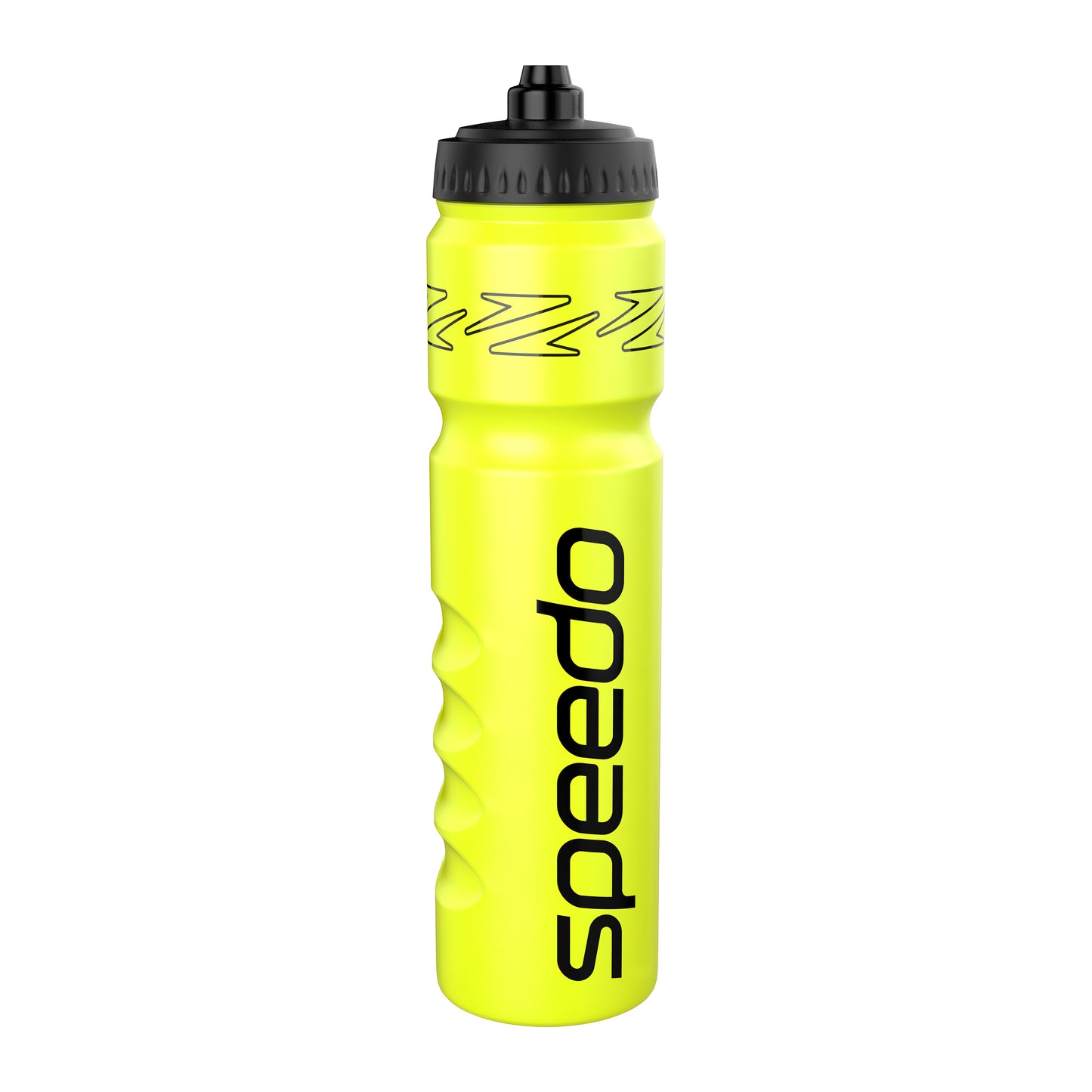 The Speedo Water Bottle - Yellow is a 1 litre bottle with a black cap, wavy grip, and the Speedo logo printed vertically on the side, shown against a white background.