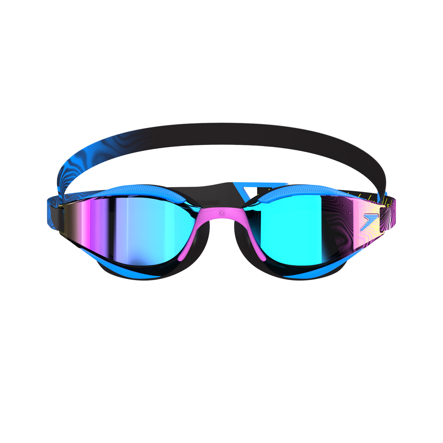 Swimming goggles with blue and pink reflective lenses on a white background