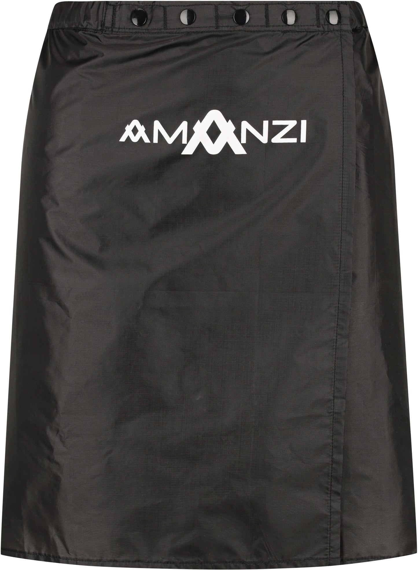 The Amanzi Race Wrap is a black skirt featuring button closures along the waistband and a white "AMANZI" logo printed on the front.
