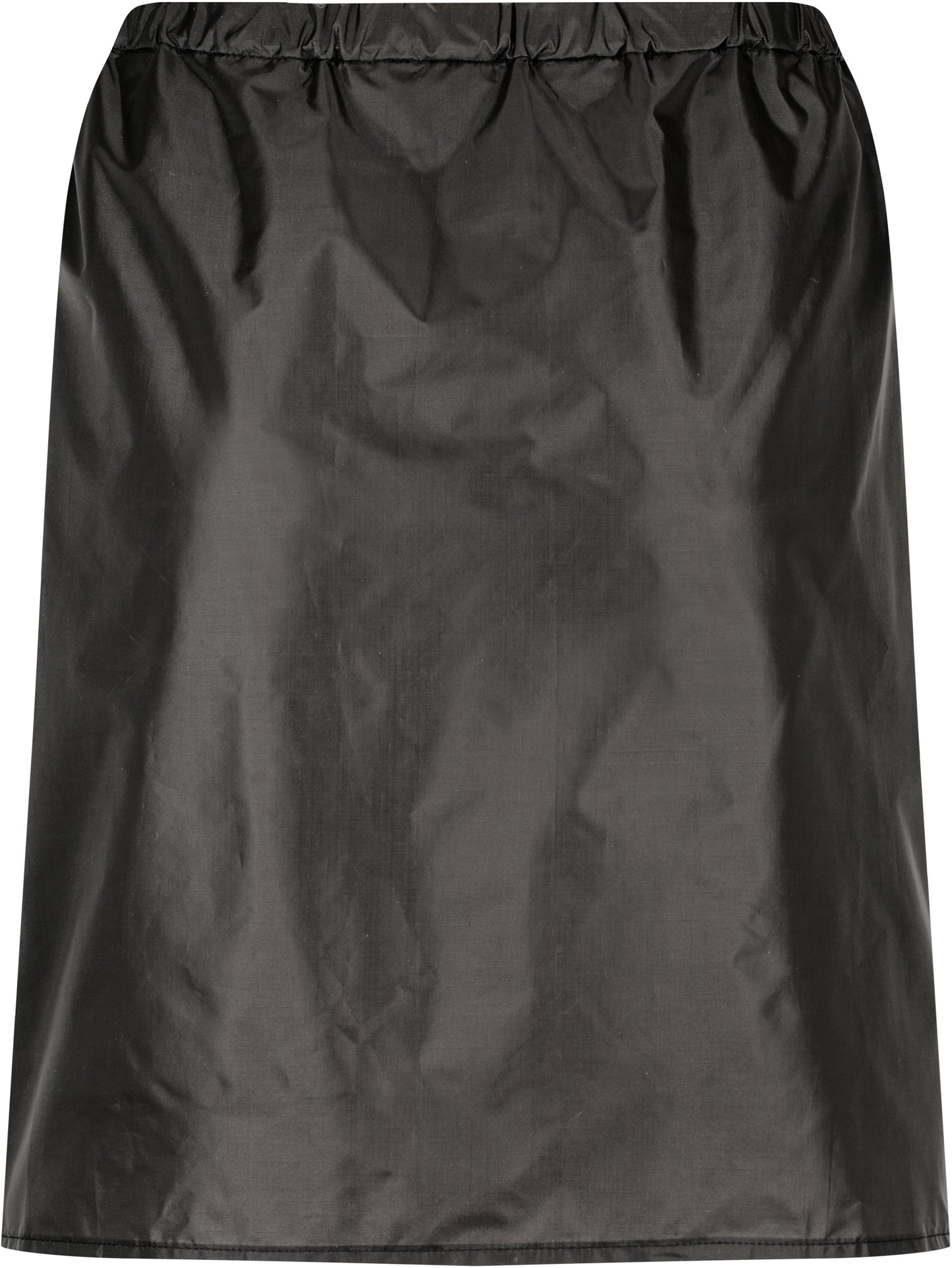 The Amanzi Race Wrap by Amanzi is a plain black, knee-length skirt with a slight sheen and gathered elastic waistband, inspired by race suit aesthetics, shown against a white background.