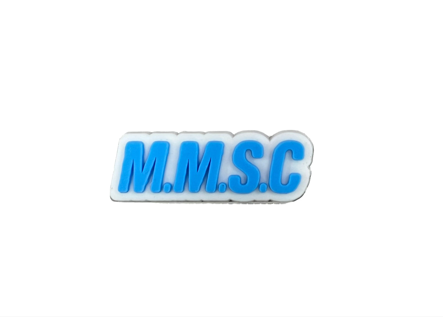 The All4Swim Melton Mowbray Swimming Club Shoe Charm - Initials features bold blue "M.M.S.C" lettering on a white badge, designed as a sleek croc accessory against a plain white background.