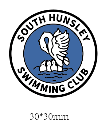 The All4Swim South Hunsley Swimming Club Shoe Charm features a circular logo with a white swan and three cygnets on blue water, the club name in bold black lettering—ideal for Crocs or as a poolside accessory.