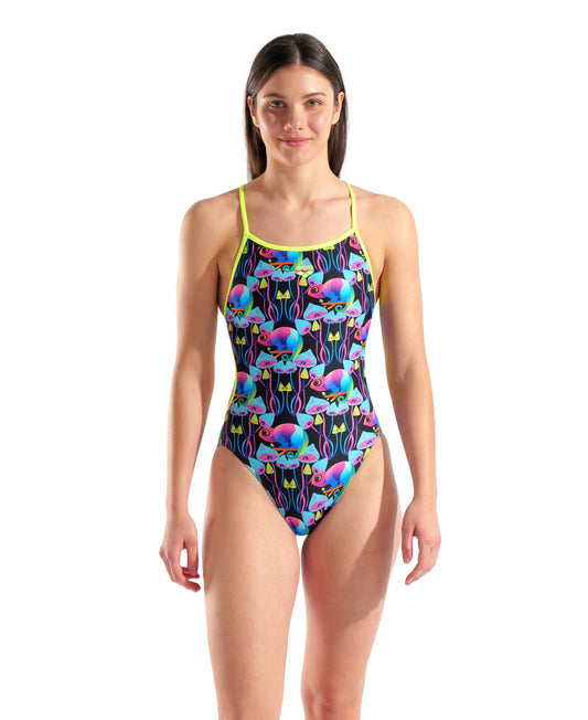 Maillot de bain Arena Performance pour femme avec dos en dentelle unie - Prune/Corail