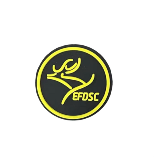 The All4Swim Epping Forest District Swimming Club Shoe Charm is a black circular patch with a yellow deer head and 