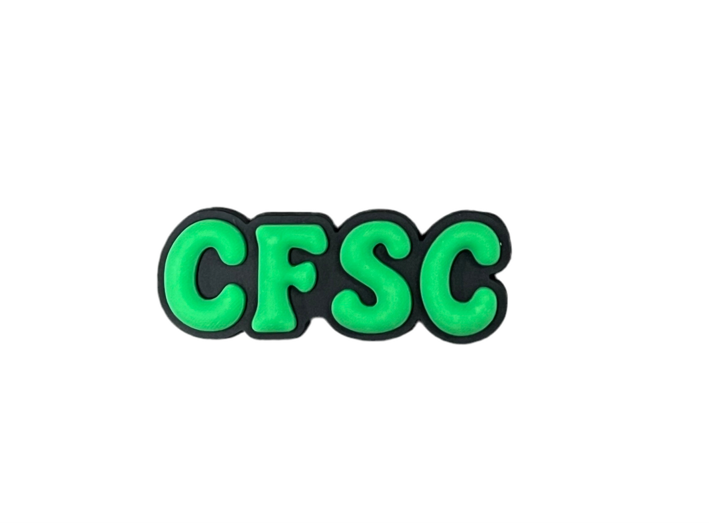 The image displays the initials "CFSC" in bold green with a black outline on white—ideal as a Carlton Forum Swimming Club Shoe Charm by All4Swim, perfect for poolside accessorizing.