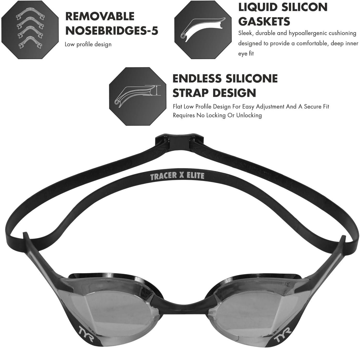 TYR Adult Tracer-X Elite Mirrored Racing Goggles - Silver/Black - All4Swim