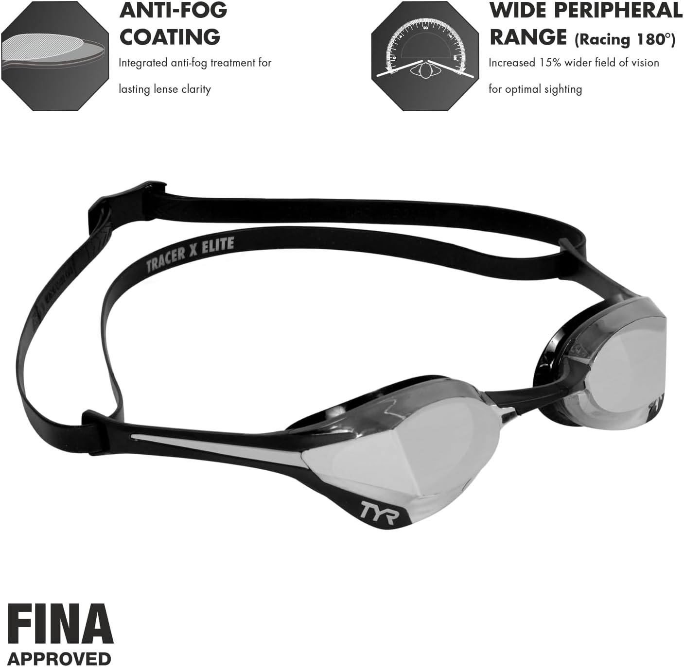 TYR Adult Tracer-X Elite Mirrored Racing Goggles - Silver/Black - All4Swim