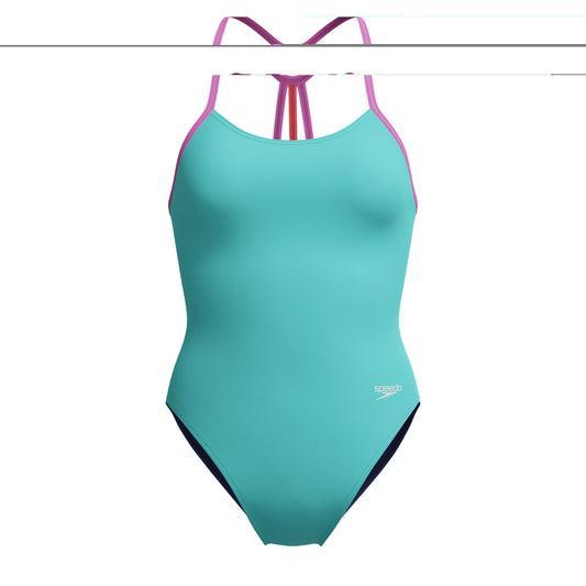 Speedo Girls Club Training Solid Lane Line Back Swimsuit - Turquoise/Pink