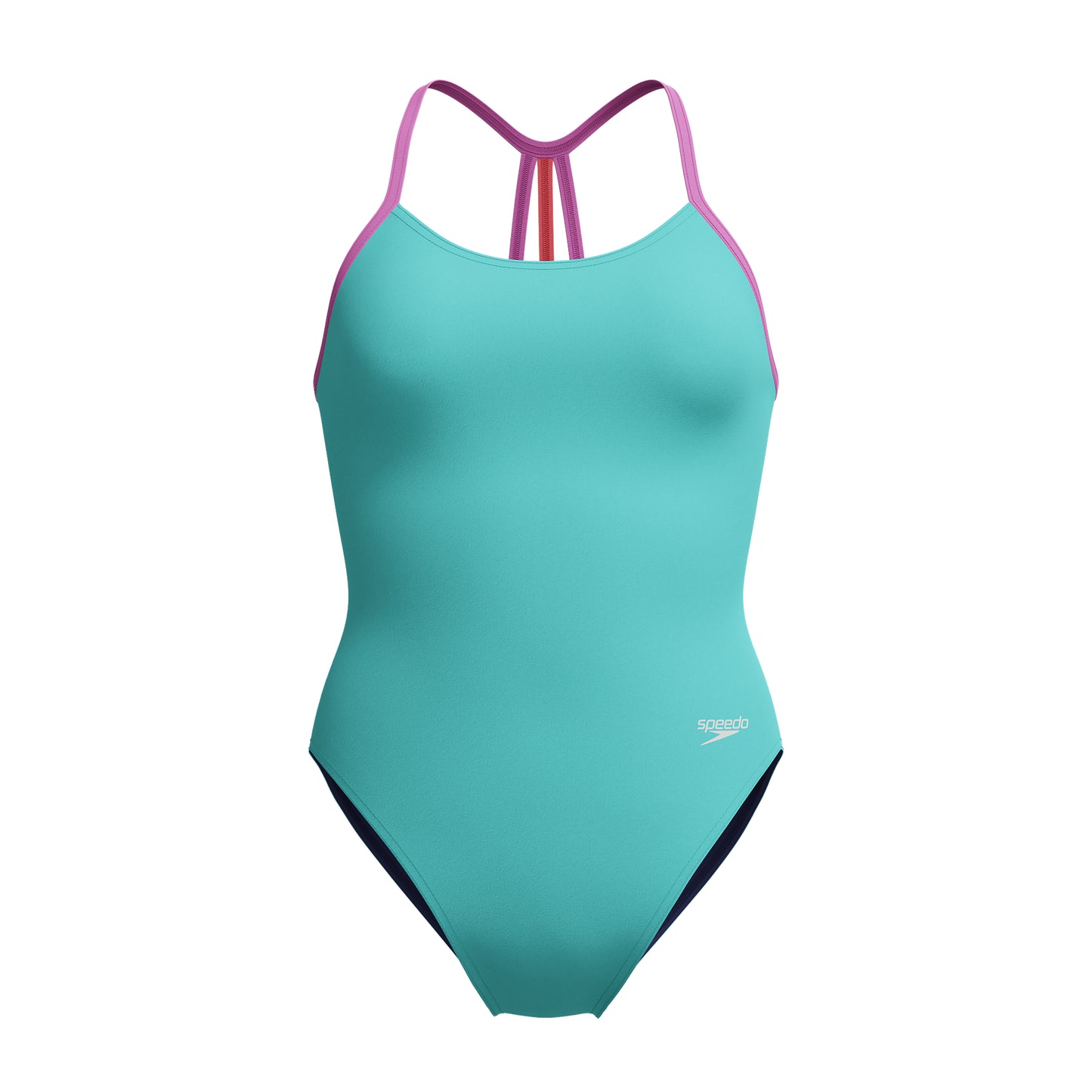 Teal blue or green swimming costume displaying the Speedo logo on the hip. The image shows the front of the costume and you can see the pink strap detail