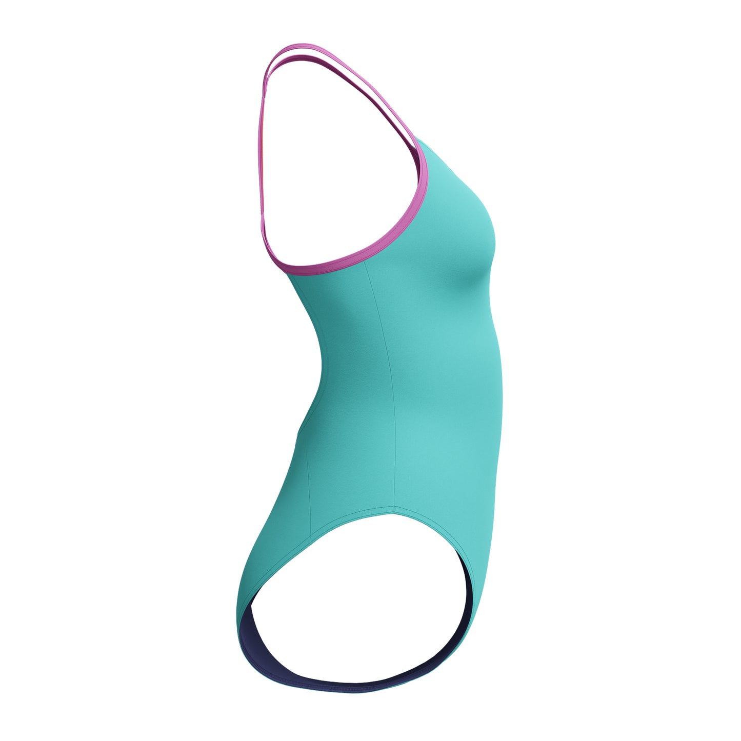 Teal blue or green swimming costume displaying the Speedo logo on the hip. The image shows the side of the costume and you can see the pink strap detail