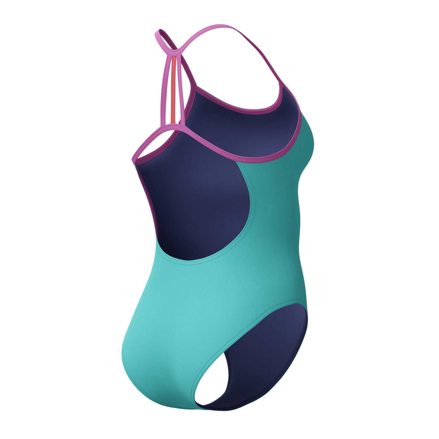 Teal blue or green swimming costume displaying the Speedo logo on the hip. The image shows the back of the costume and you can see the pink strap detail
