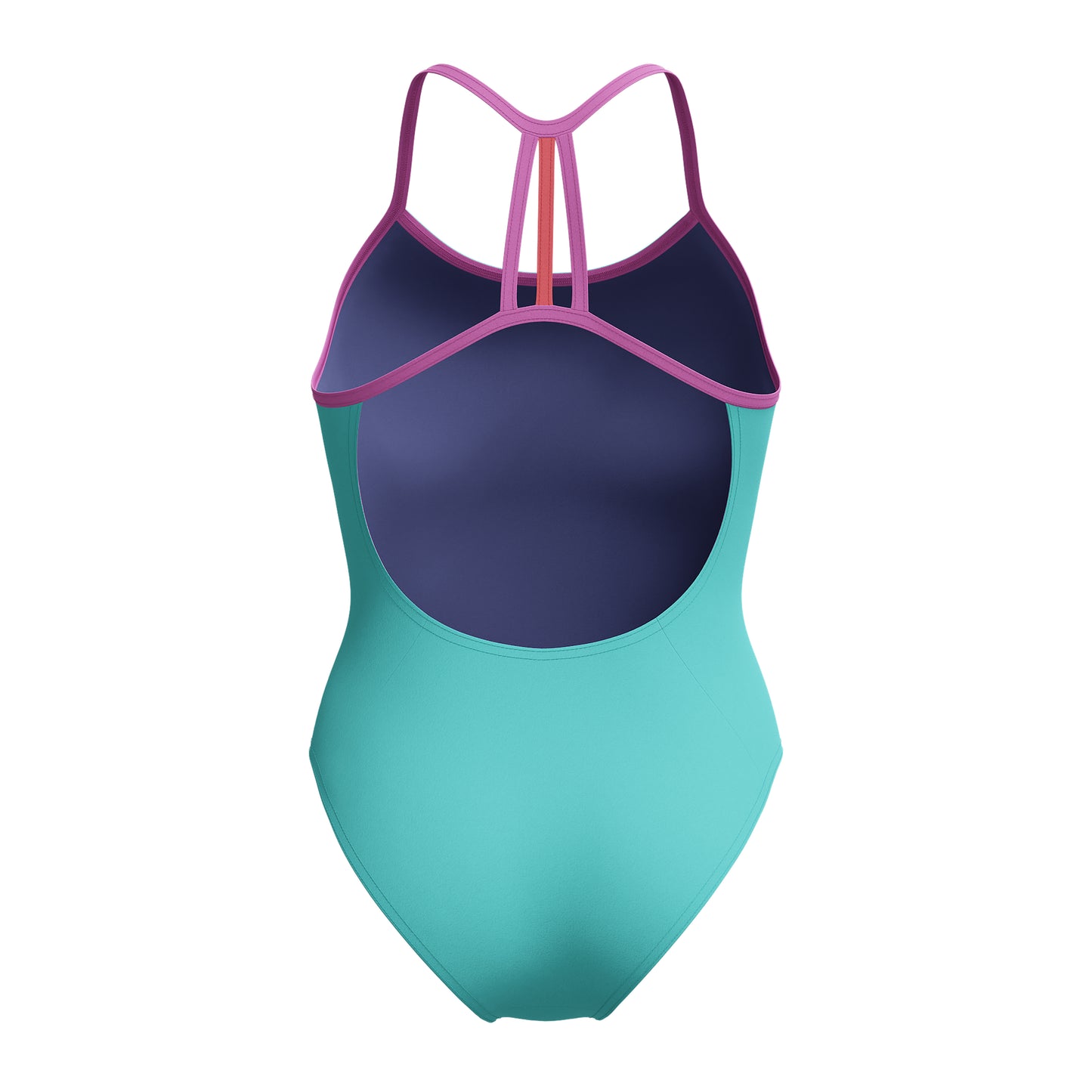 Teal blue or green swimming costume displaying the Speedo logo on the hip. The image shows the back of the costume and you can see the pink strap detail