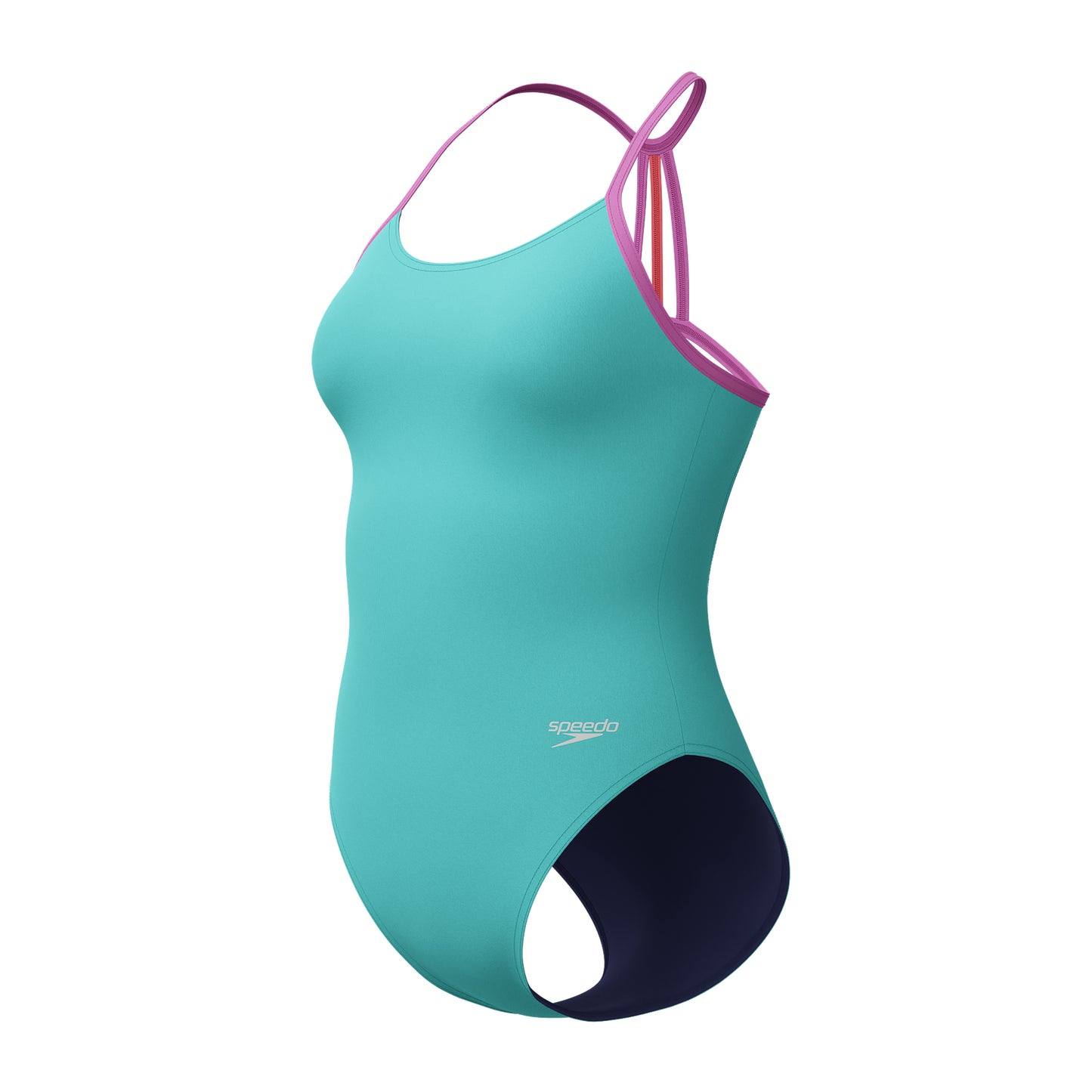 Teal blue or green swimming costume displaying the Speedo logo on the hip. The image shows the front of the costume and you can see the pink strap detail