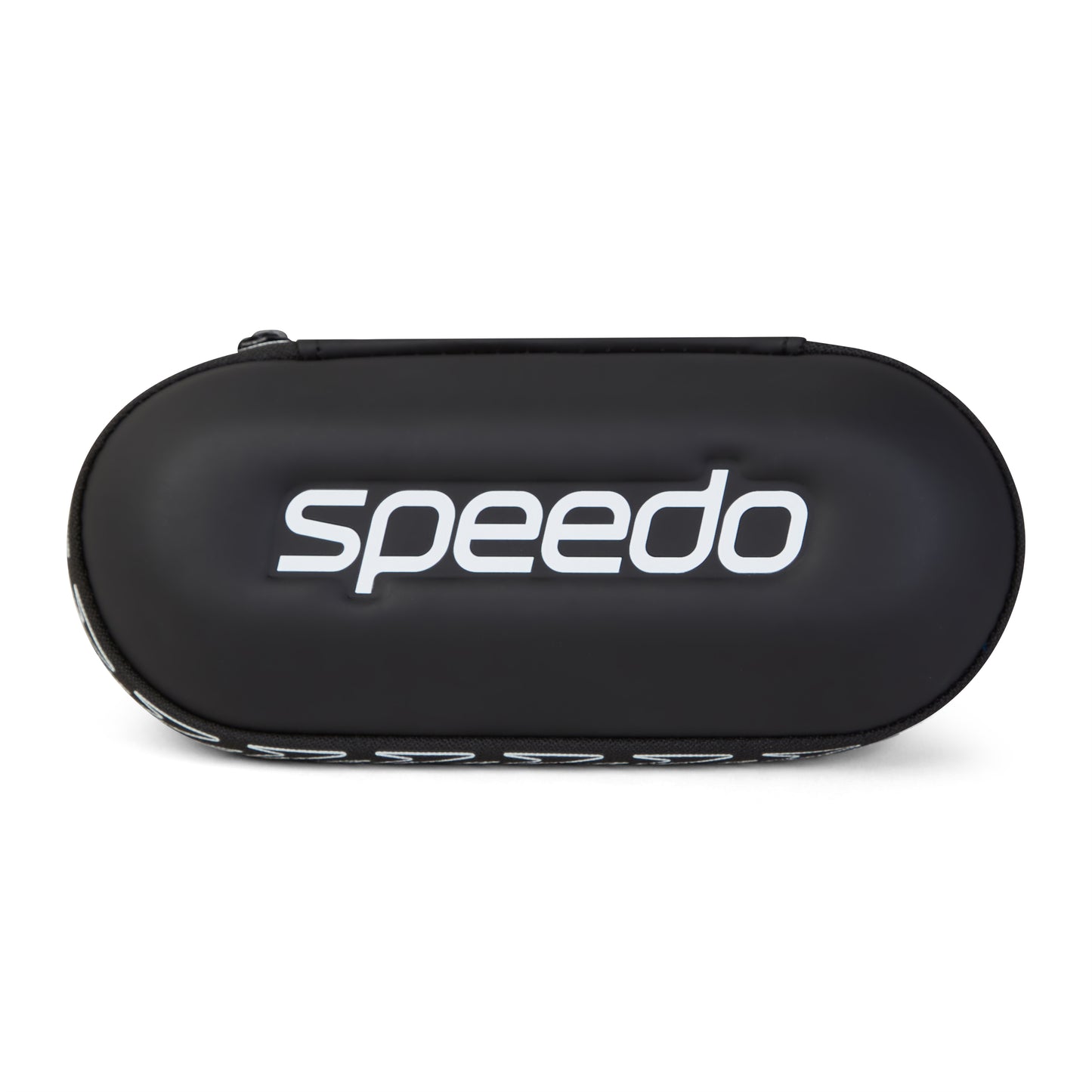 The Speedo Goggle Case - Black is an oval-shaped, hard-shell case with a white Speedo logo, designed to protect goggles or store swim accessories.