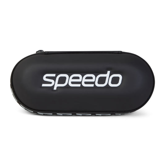 The Speedo Goggle Case - Black is an oval-shaped, hard-shell case with a white Speedo logo, designed to protect goggles or store swim accessories.