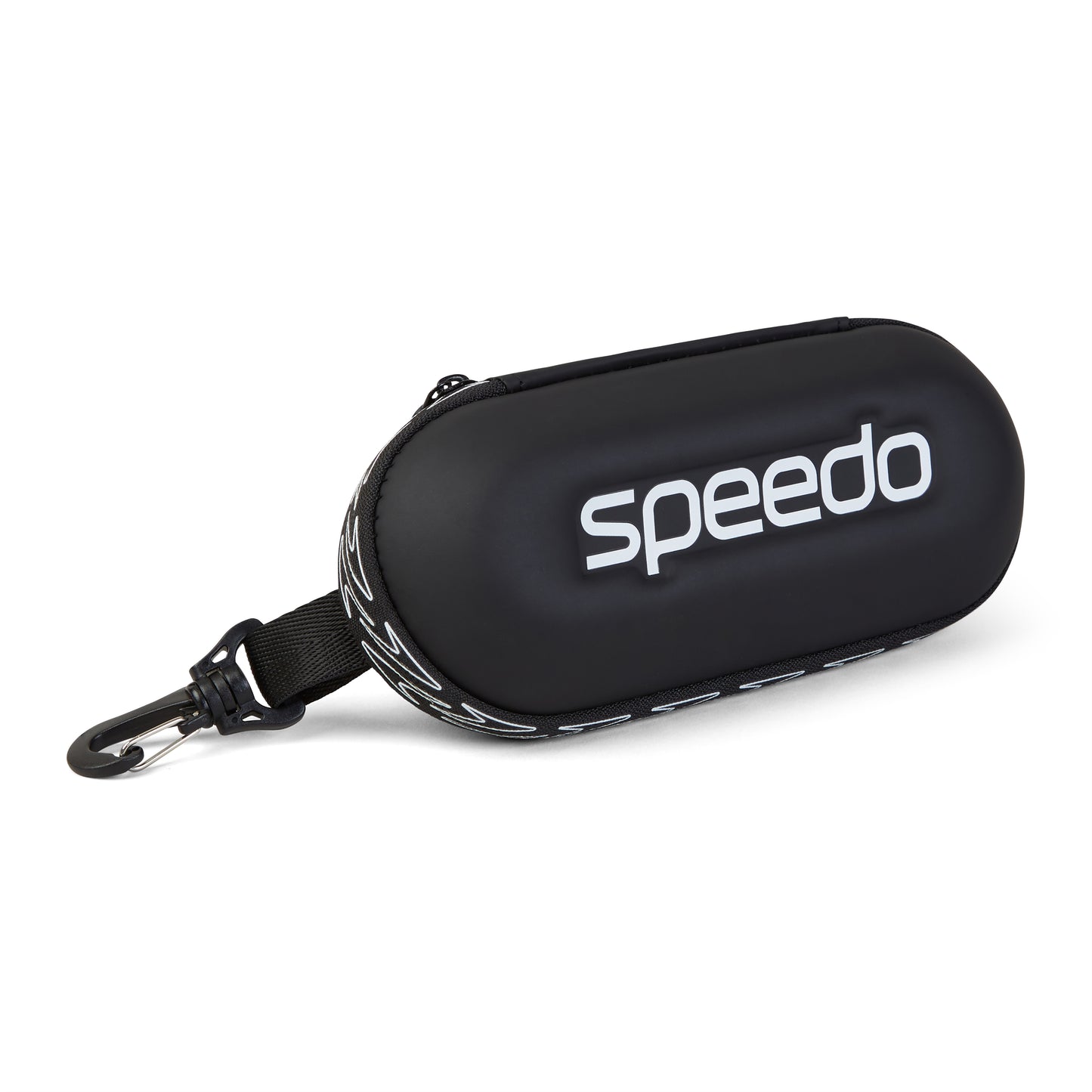The Speedo Goggle Case - Black features a hard shell, zipper closure, carabiner clip, and white Speedo logo for secure goggle protection wherever you go.