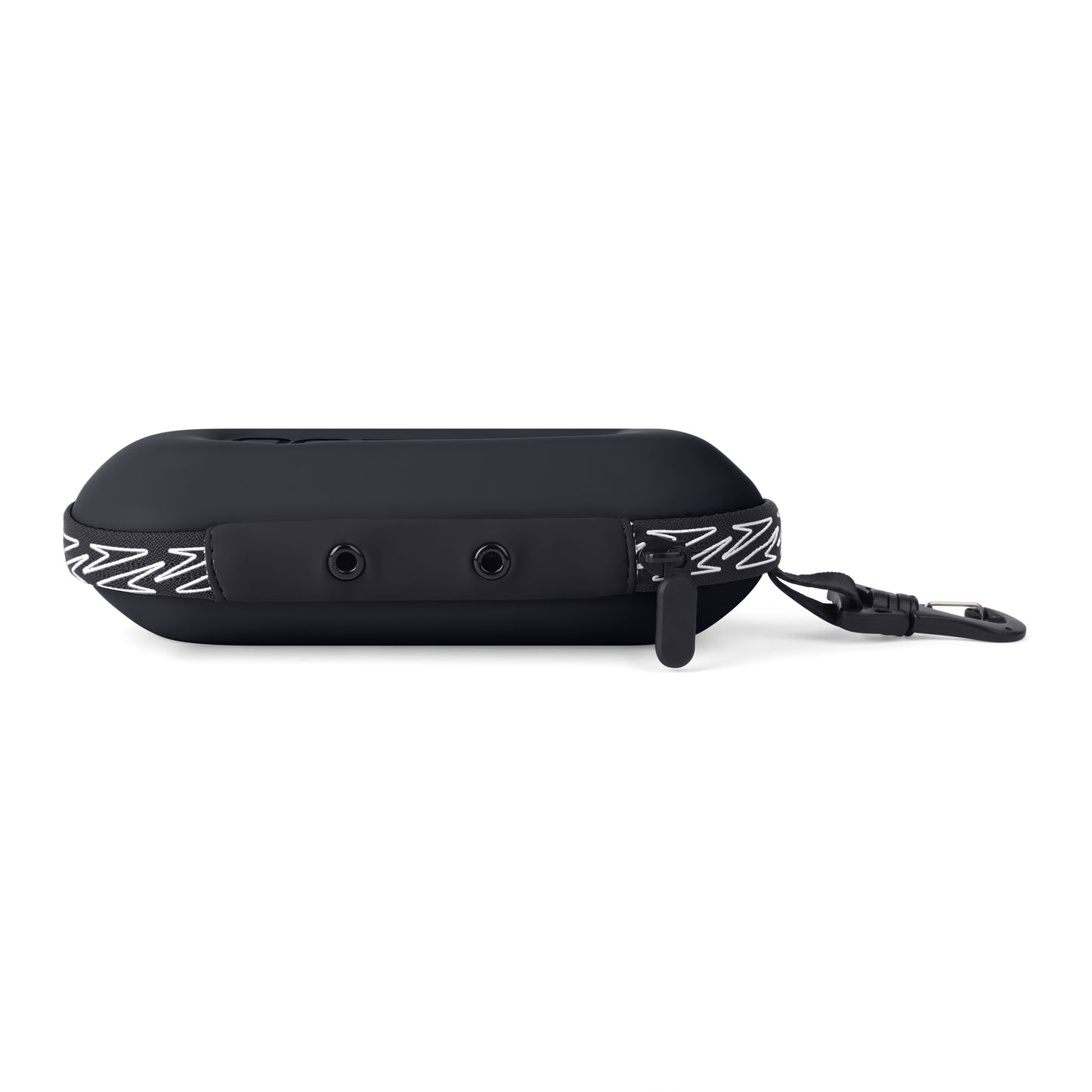 A Speedo Goggle Case in black, featuring a zigzag-patterned strap, clip attachment, two visible ports, and a small rubber cover—ideal for protecting your goggles. Shown against a white background.