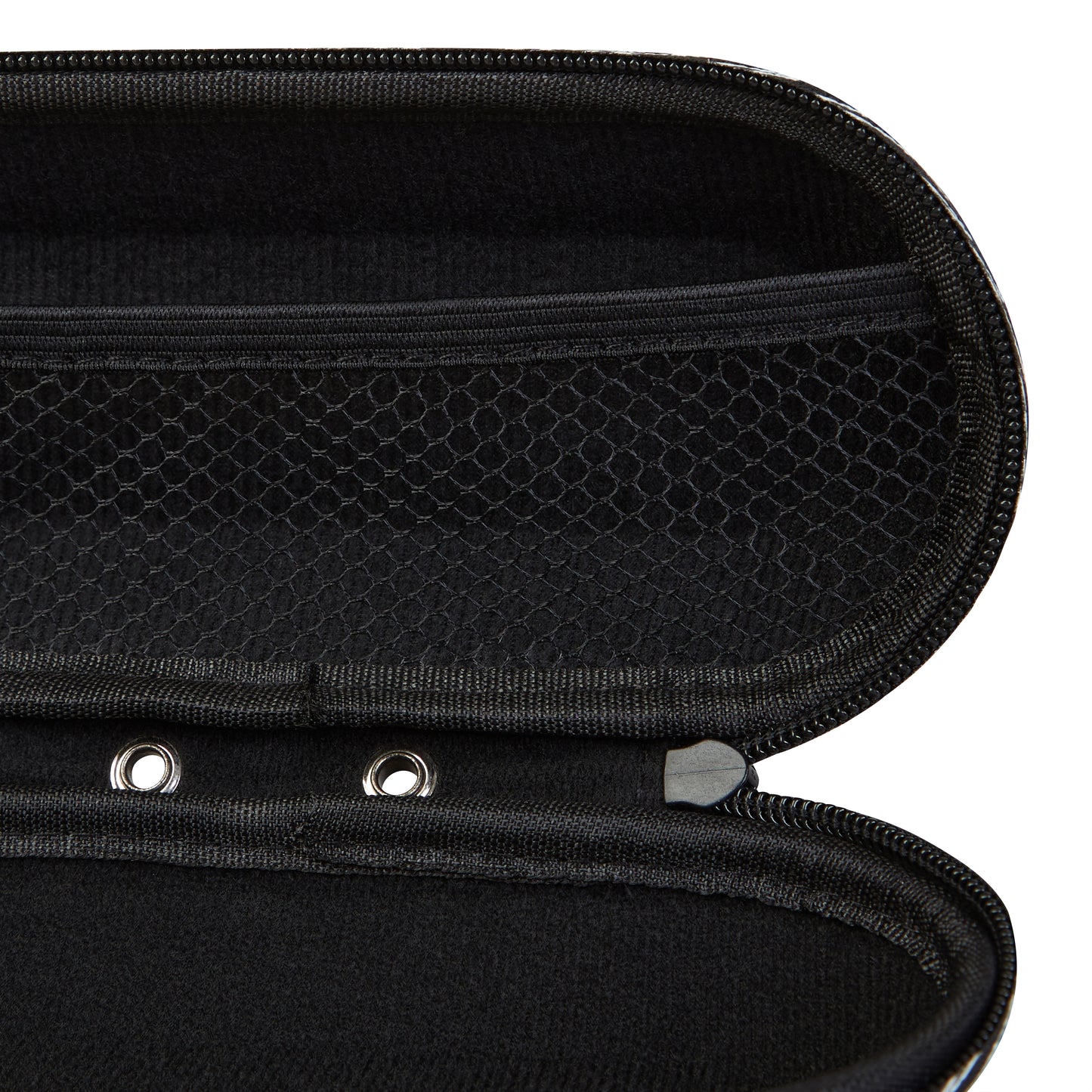 A close-up of the Speedo Goggle Case - Black by Speedo shows its fabric interior with a mesh pocket on top and small metal grommets along the seam. The empty case is ideal for protecting your goggles.