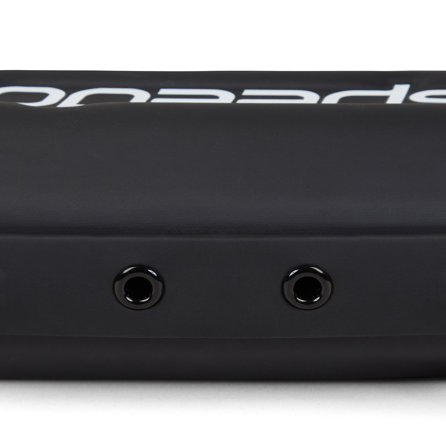 Close-up of the Speedo Goggle Case - Black, featuring two air valves and part of the Speedo logo—ideal for storing or protecting your goggles.