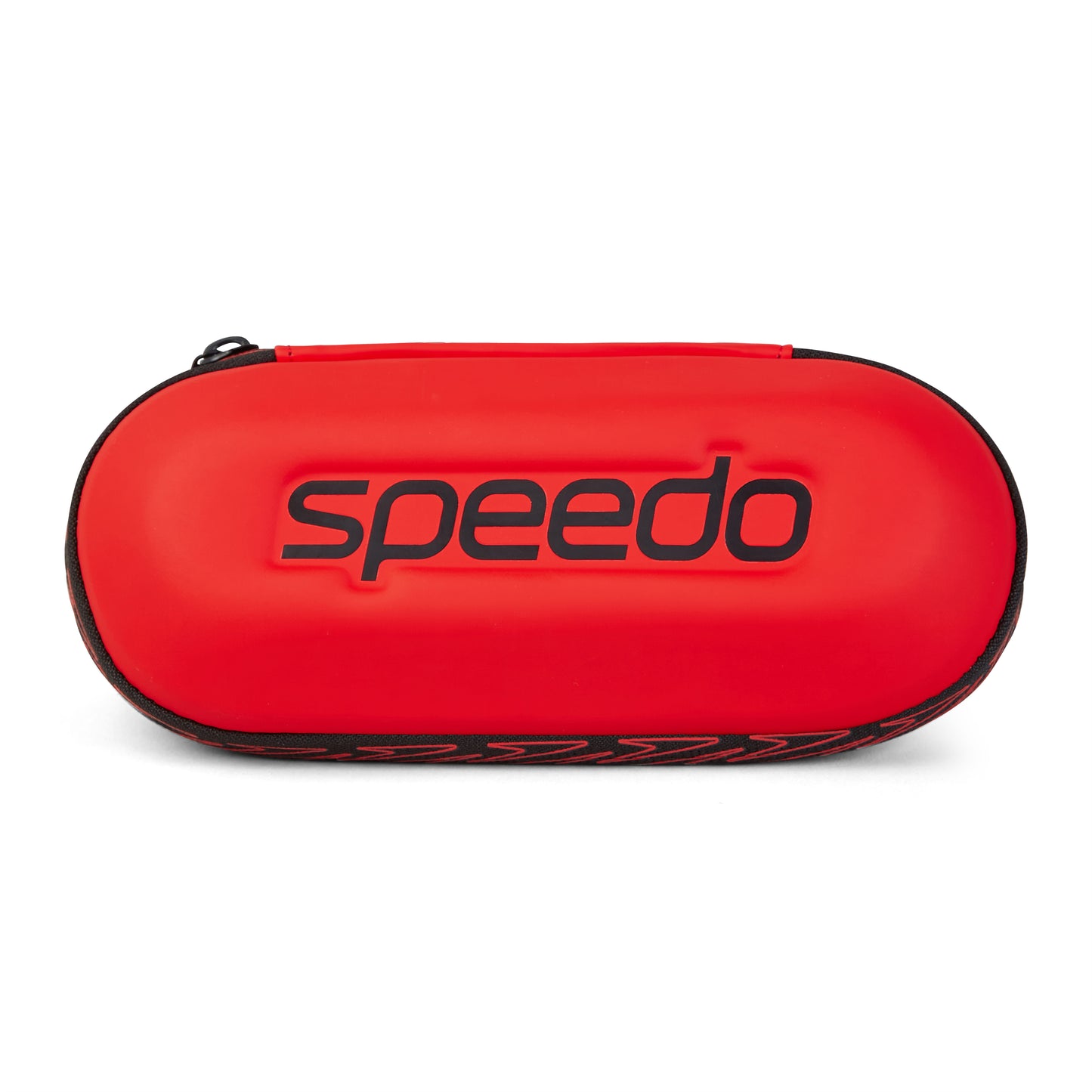 The Speedo Goggle Case - Red is an oval-shaped storage case with a black zipper and bold "Speedo" branding on the front, ideal for protecting your goggles.