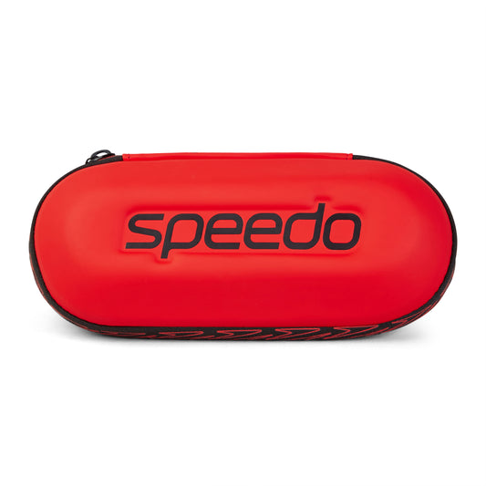 The Speedo Goggle Case - Red is an oval-shaped storage case with a black zipper and bold 