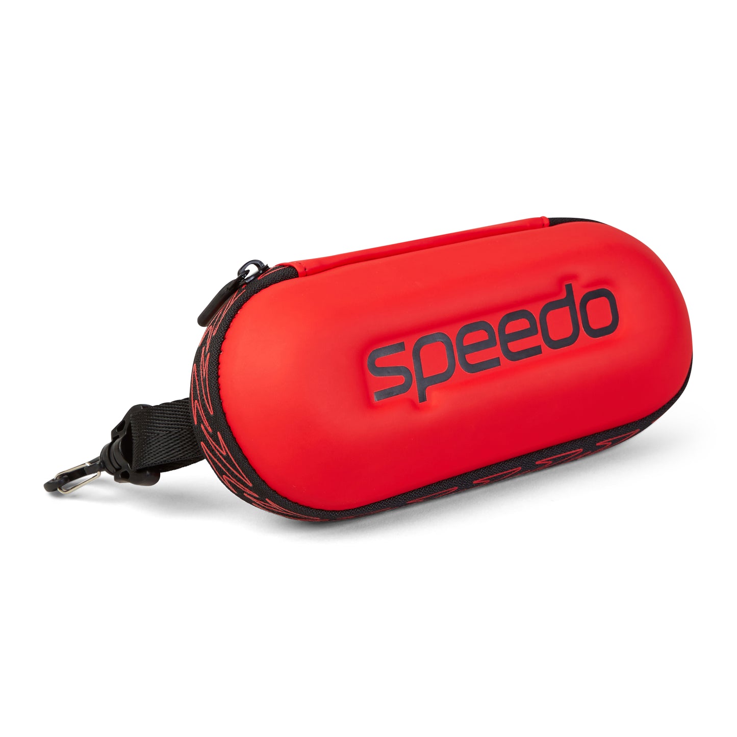 The Speedo Goggle Case - Red is an oval, zippered case with a clip for carrying and protecting your Speedo goggles or small accessories.