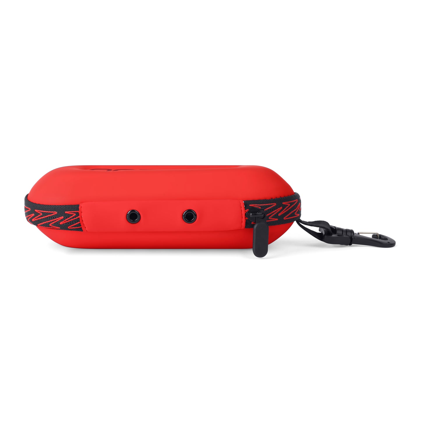 The Speedo Goggle Case - Red by Speedo features black accents, dual circular holes, and a detachable black strap with carabiner, resembling a sleek goggles storage case. Shown from the side on a white background.