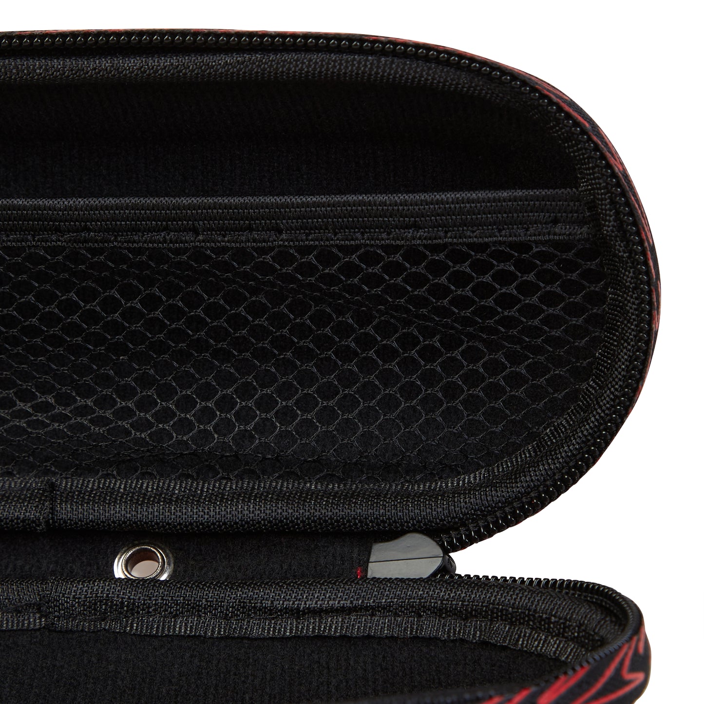 Close-up of the Speedo Goggle Case - Red by Speedo, featuring an open zippered black case with a red subtle patterned exterior, mesh interior pocket, silver snap button, and textured lining for extra goggle protection.