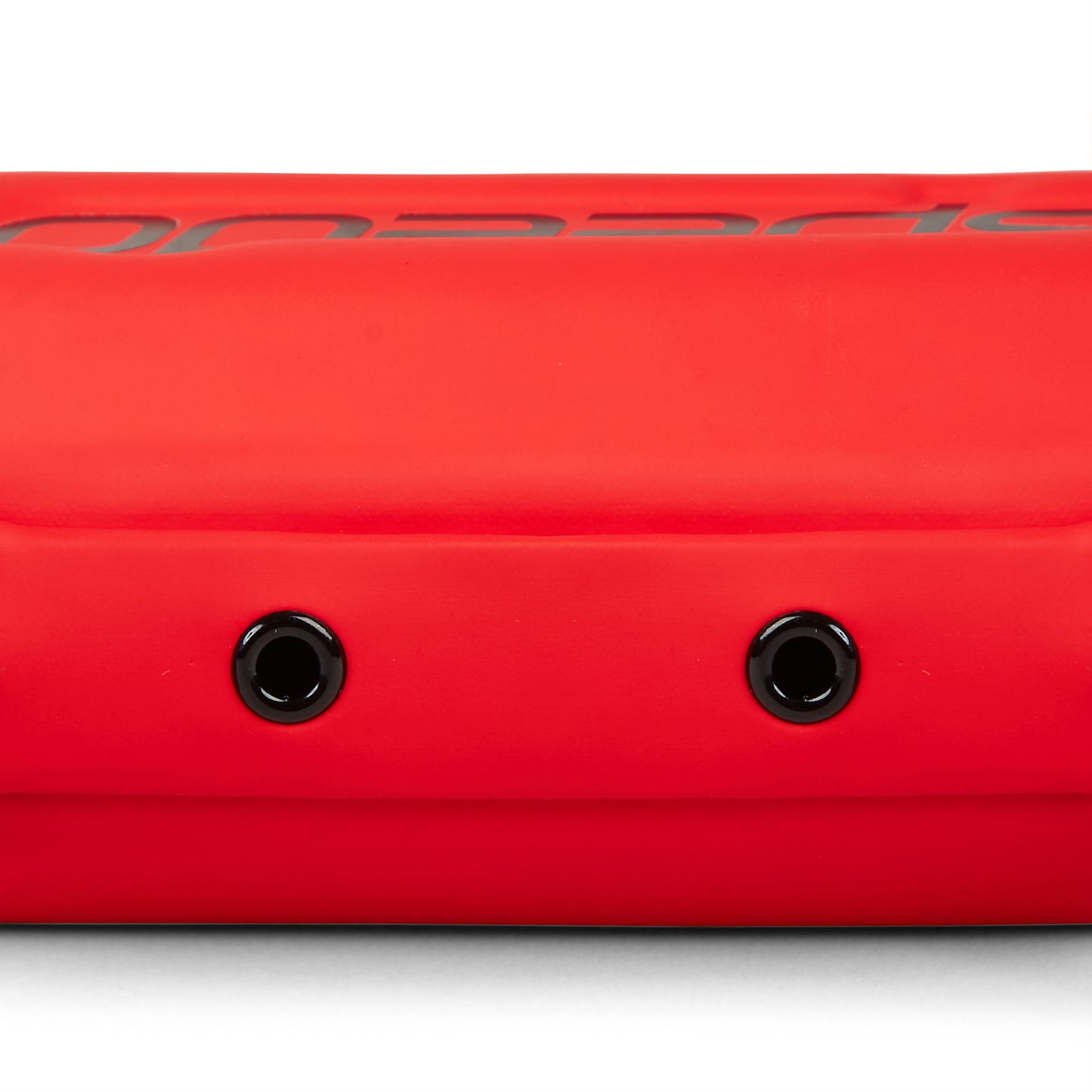 Close-up of the Speedo Goggle Case - Red by Speedo, featuring two black air valves and partial black text—perfect for pairing with your Speedo goggles or storing them creatively.