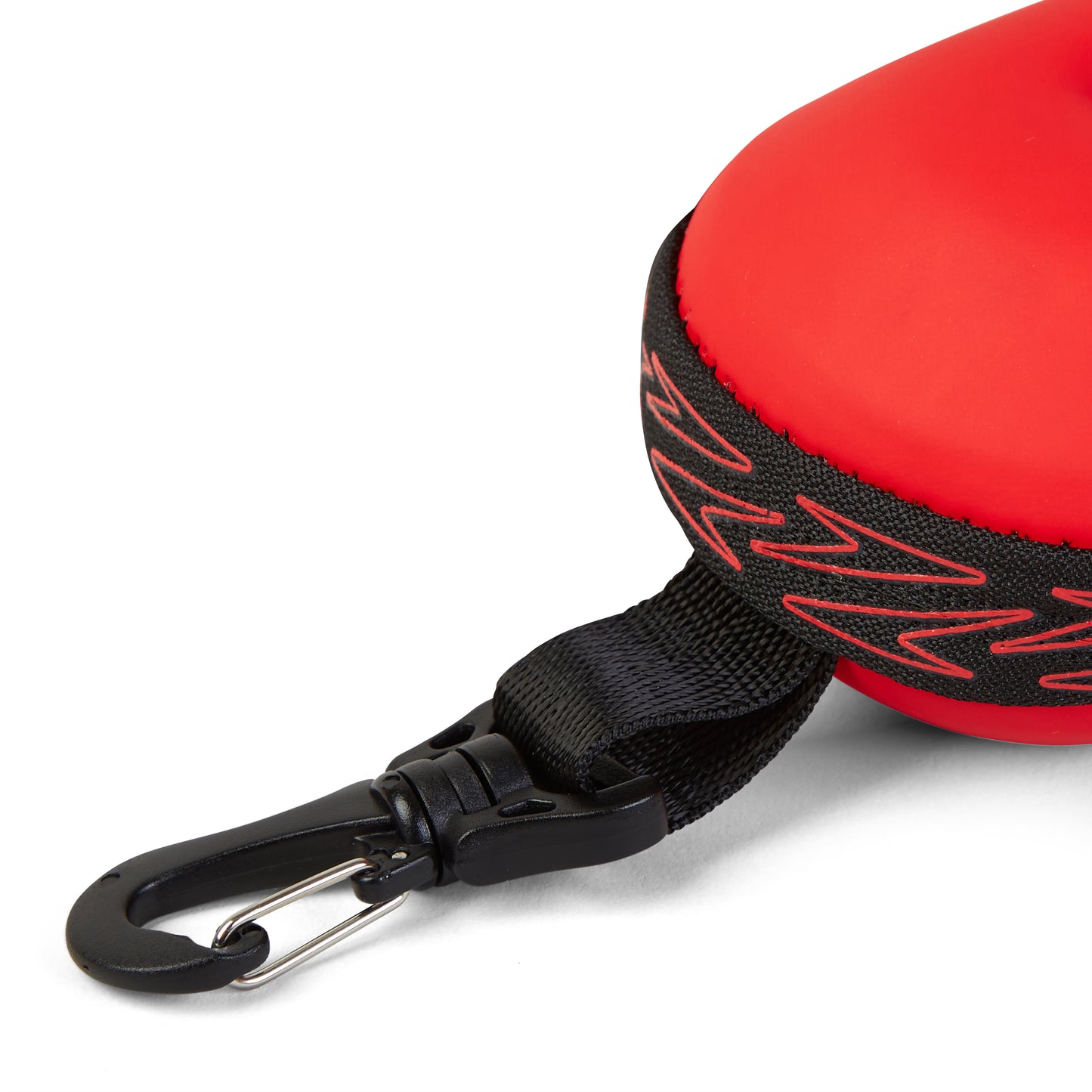 Close-up of the Speedo Goggle Case - Red, featuring black zigzag patterns and a black strap with a metal and plastic clip; designed by Speedo to store and protect goggles.