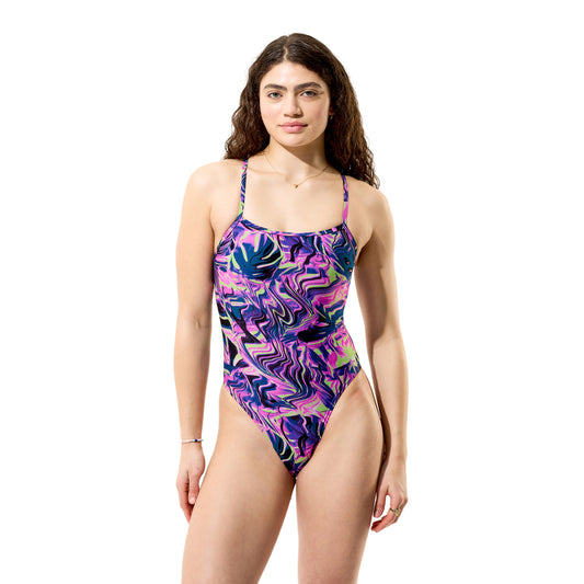 Maillot de bain imprimé dos en V Speedo Club Training pour femme - Rose/Jaune