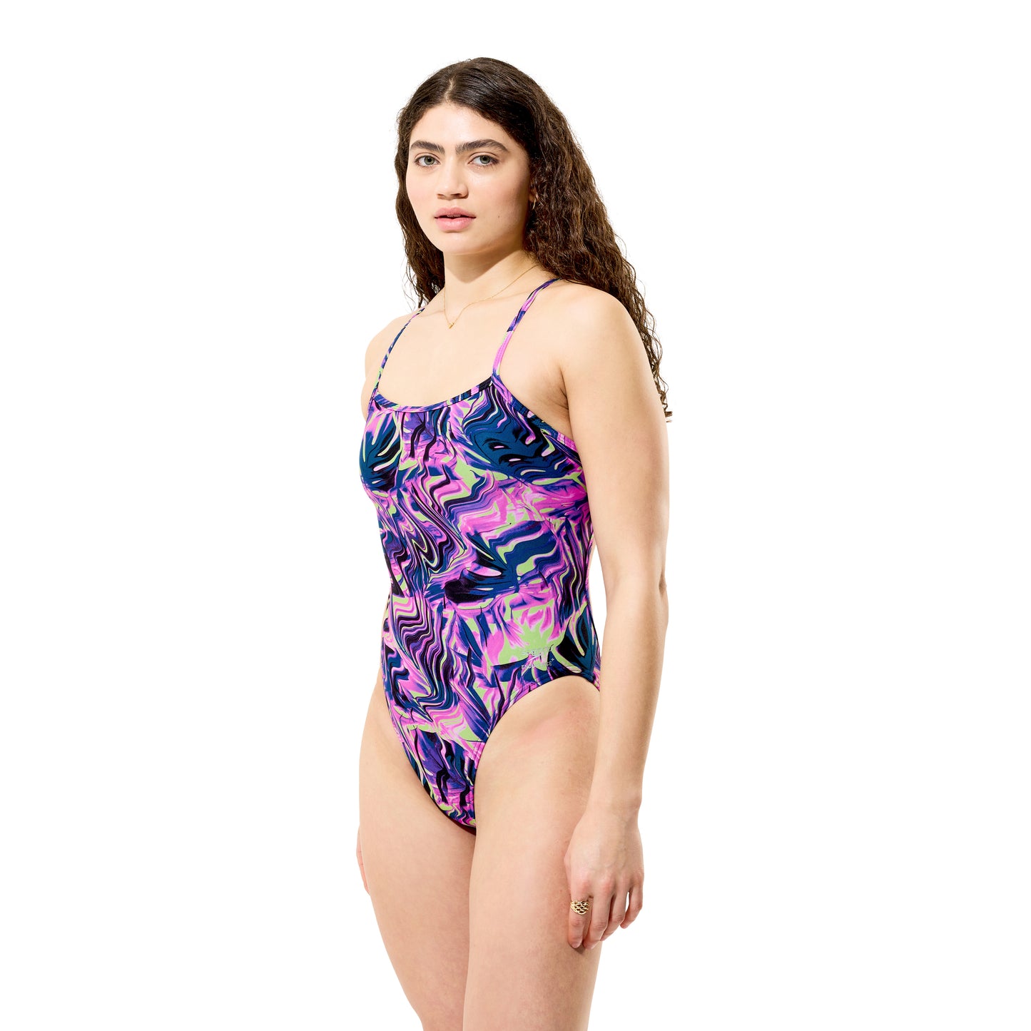 Maillot de bain imprimé dos en V Speedo Club Training pour femme - Rose/Jaune