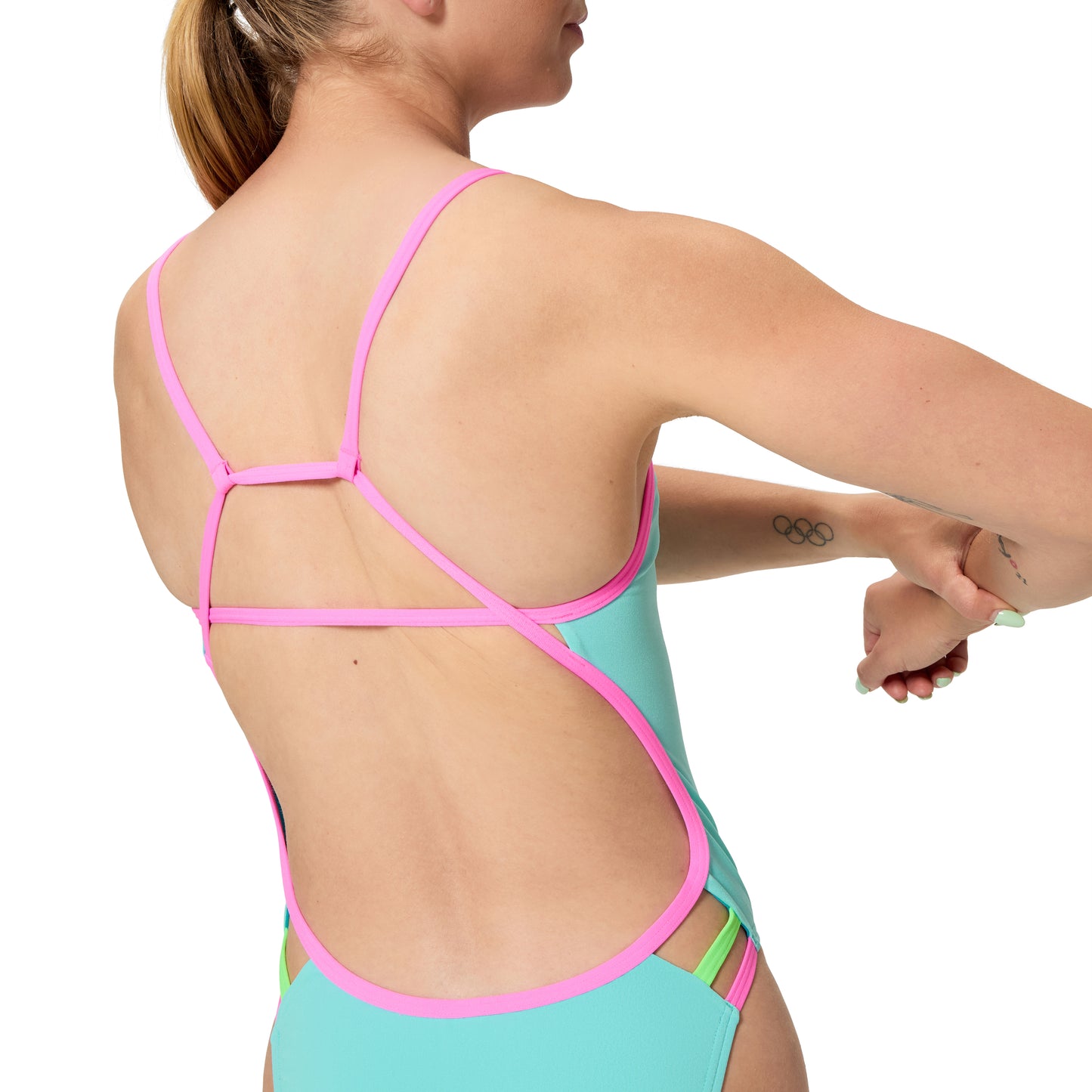 Maillot de bain imprimé dos en V Speedo Club Training pour femme - Rose/Jaune
