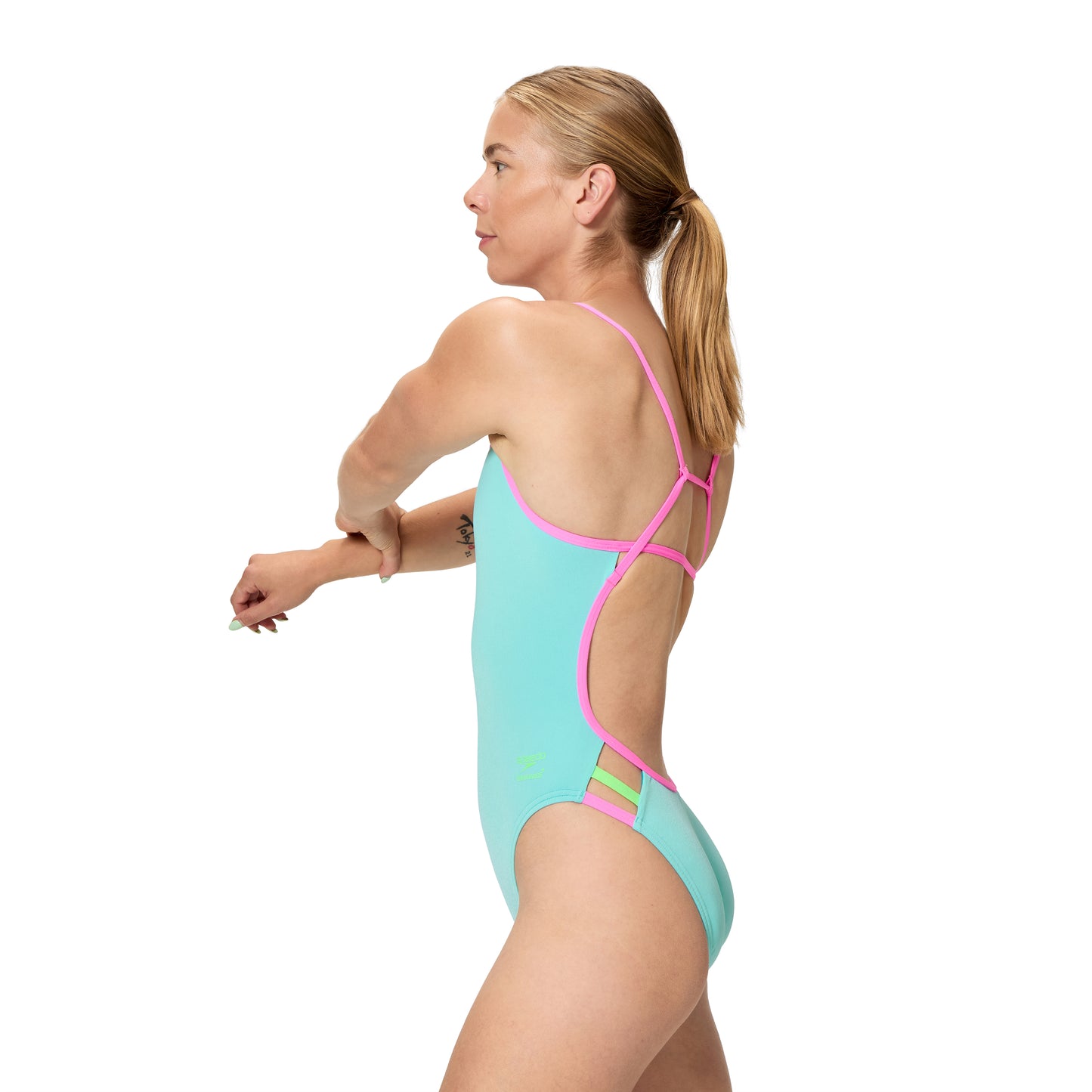 Maillot de bain imprimé dos en V Speedo Club Training pour femme - Rose/Jaune