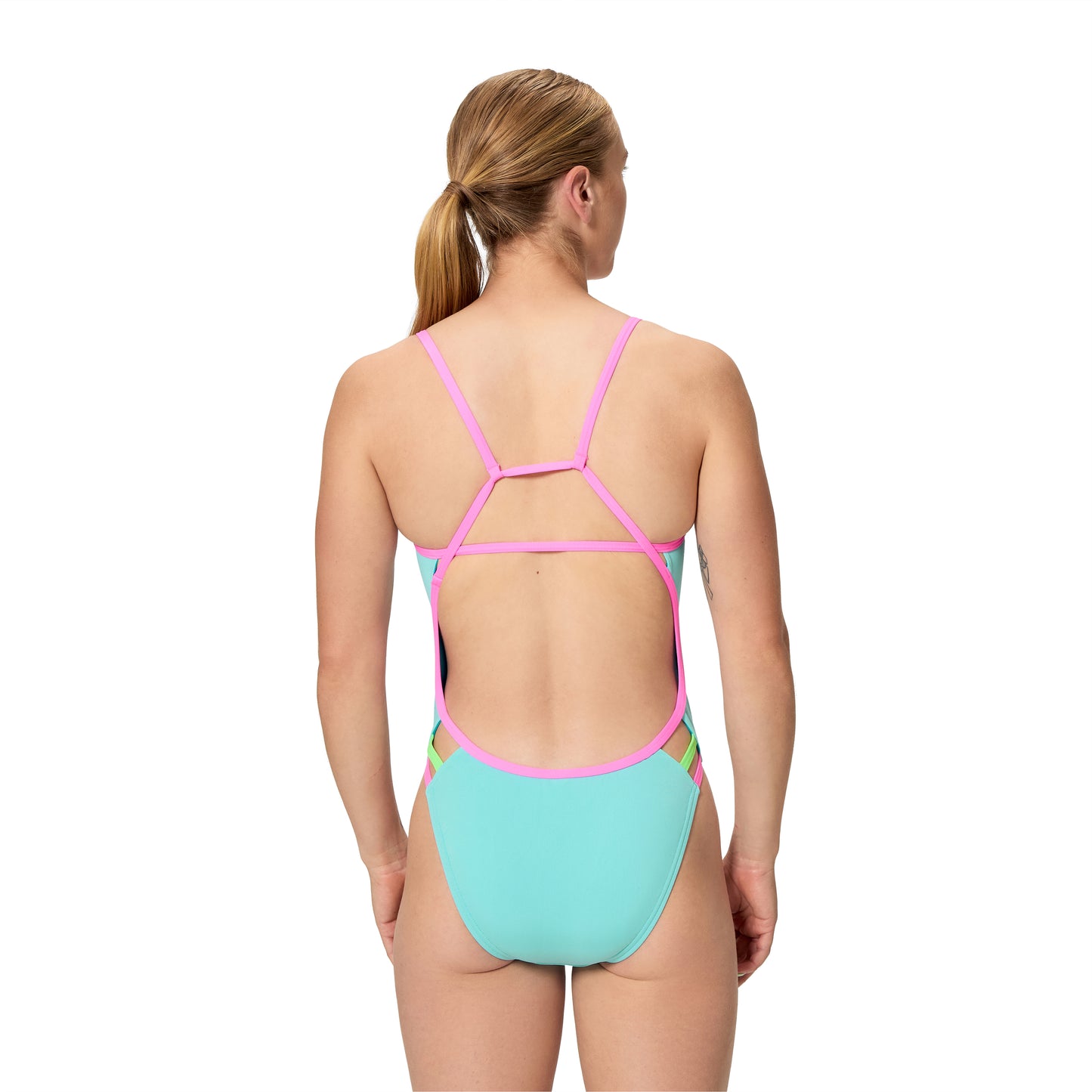Maillot de bain imprimé dos en V Speedo Club Training pour femme - Rose/Jaune