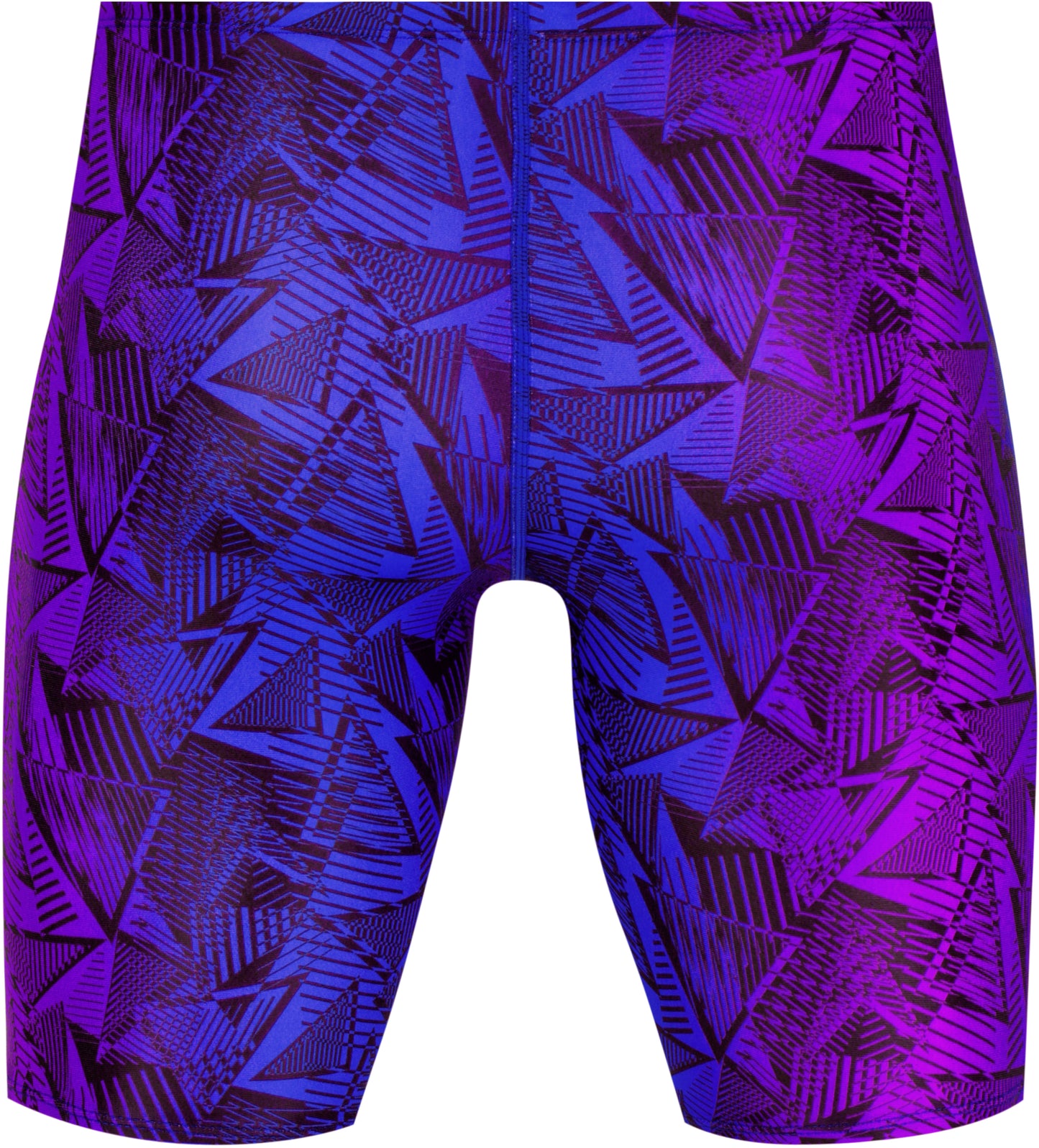 Purple and blue patterned swim shorts on a white background