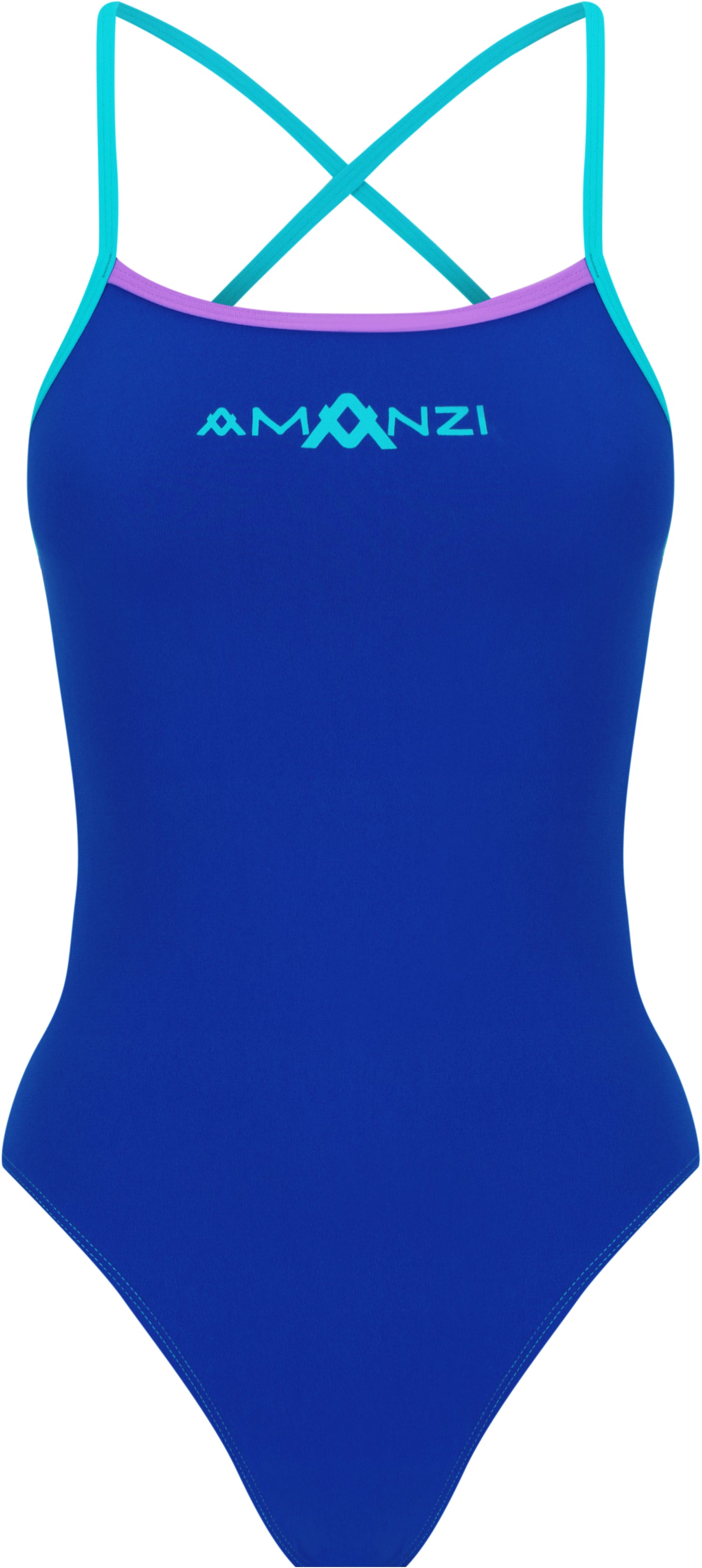 The Amanzi Women's Tie Back One Piece - Baltix features royal blue fabric, aqua crisscross straps, purple trim, and “AMANZI” in aqua on the chest. Chlorine resistant for lasting color and durability with standout style.
