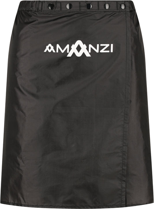 The Amanzi Race Wrap is a black skirt featuring button closures along the waistband and a white 