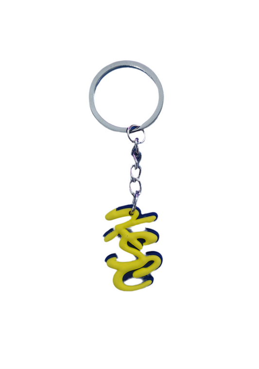 The All4Swim Kimberly Swimming Club Keyring is a silver keyring with a yellow and black croc charm featuring an abstract squiggle design. Perfect as a fun swimming keyring or poolside accessory. Displayed on a plain white background.