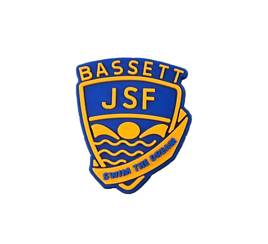 The Bassett JSF Swimming Club Shoe Charm by All4Swim features a blue and yellow badge with 