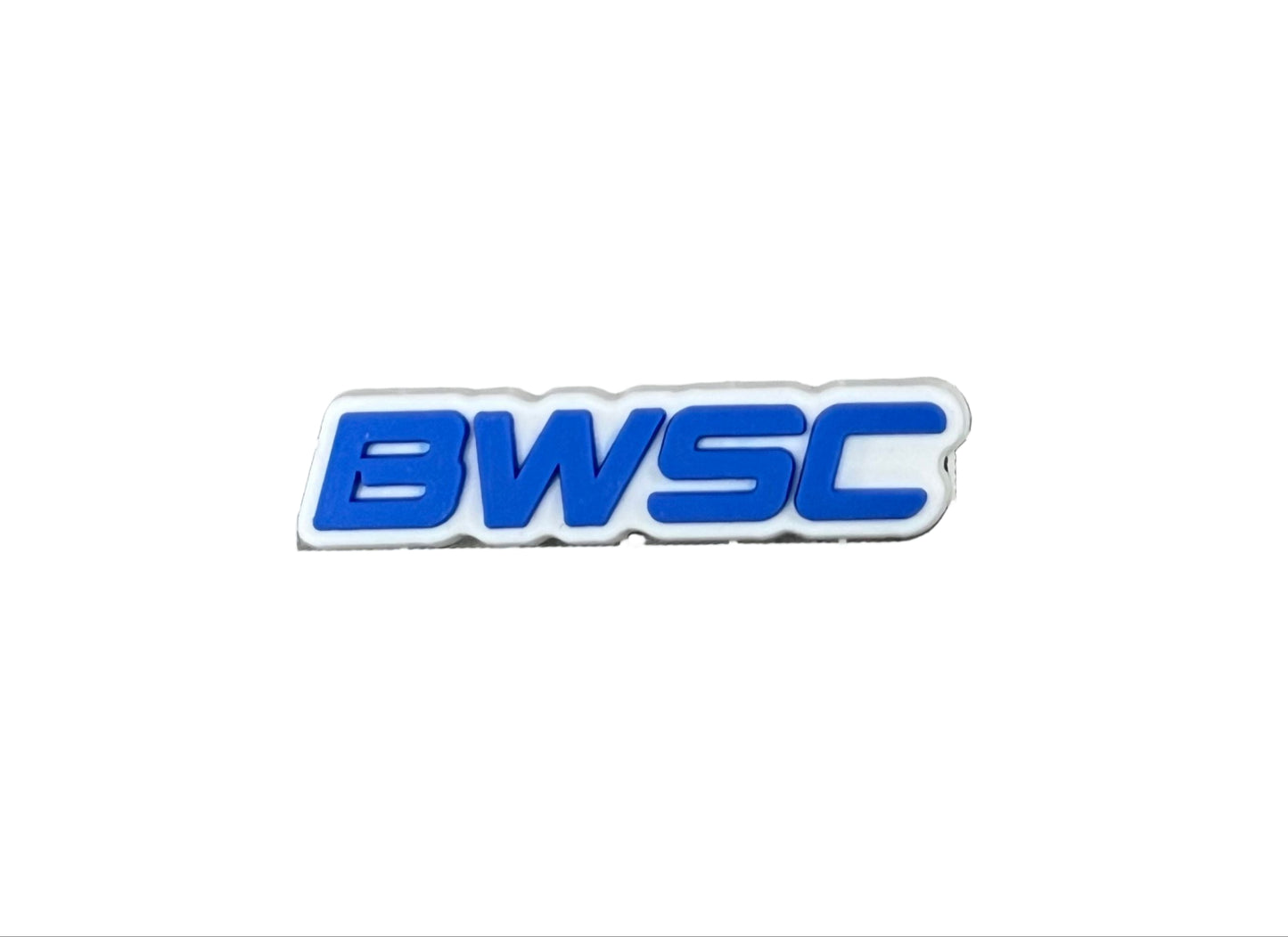 The All4Swim Biggleswade Swimming Club Shoe Charm features "BWSC" in bold, blue uppercase font with a white outline on a white background—ideal as a stylish accessory for swimming or poolside wear.