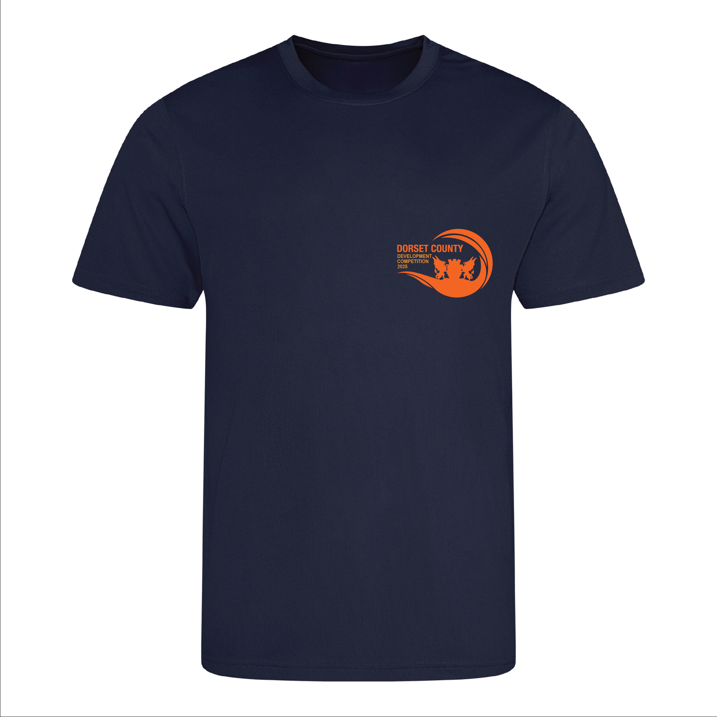T-shirt adulte du concours de développement du comté de Dorset 2025 – Bleu marine/orange