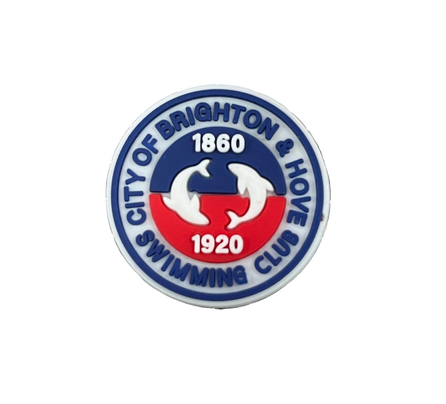 The All4Swim Brighton & Hove Swimming Club Shoe Charm features red and white dolphins circling "1860" and "1920," with a blue "City of Brighton & Hove Swimming Club" border—perfect for crocs or swimming shoes.