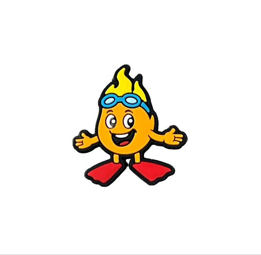 Add playful flair to your collection with the Burntwood Swimming Club Shoe Charm - Flame by All4Swim. This cheerful cartoon flame with blue goggles and big red fins is a must-have poolside accessory or Croc charm for swimmers and fans alike.