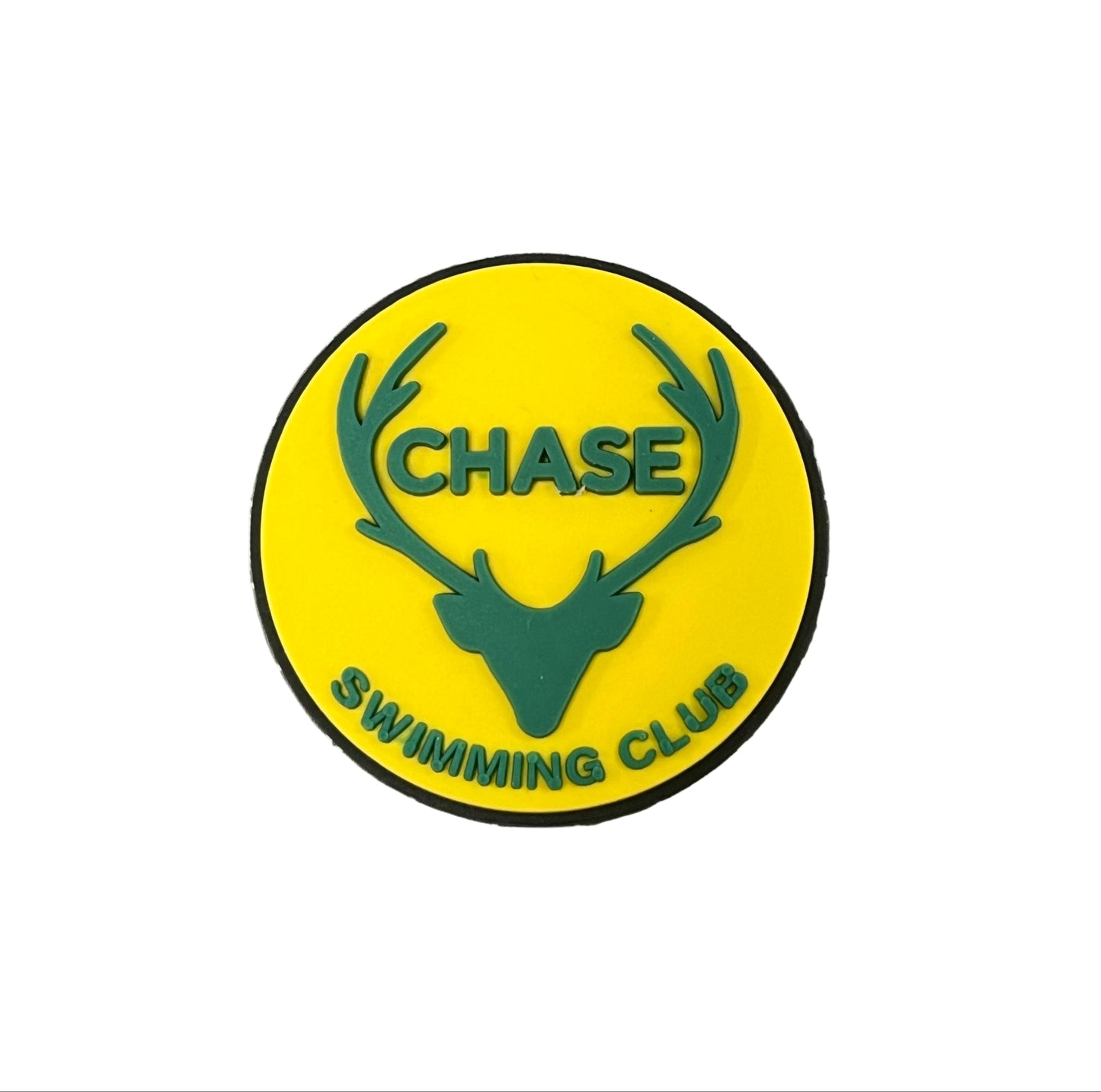 The All4Swim Chase Swimming Club Shoe Charm - Yellow features a round yellow badge with green deer antlers, “CHASE” in green above, and “SWIMMING CLUB” in green along the bottom—perfect as a swimming-themed shoe accessory.