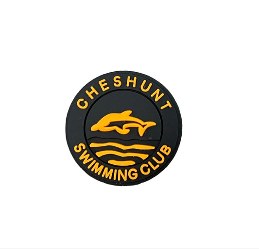 The All4Swim Cheshunt Swimming Club Shoe Charm is a round black badge with yellow text and a dolphin, ideal as a Croc or poolside accessory.