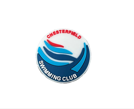 The All4Swim Chesterfield Swimming Club Shoe Charm features red and white text with blue and red wave shapes on white—perfect as a croc charm or poolside accessory for any swimming enthusiast.