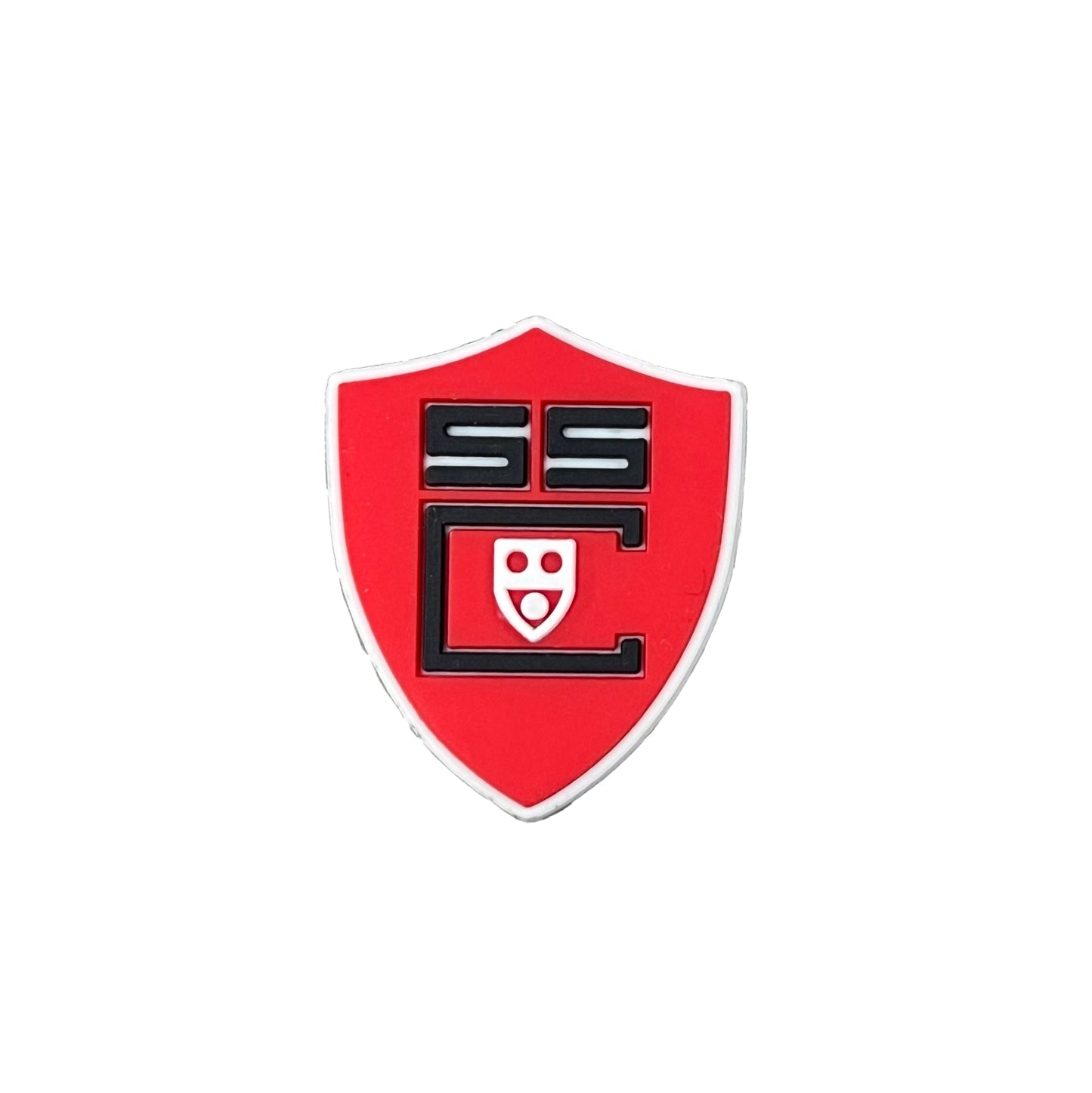 The All4Swim City of Southampton Swimming Club Shoe Charm features a red shield with black "SS" at the top, a bold black "C," and a white shield with three dots inside—perfect as a unique Croc charm or poolside accessory.