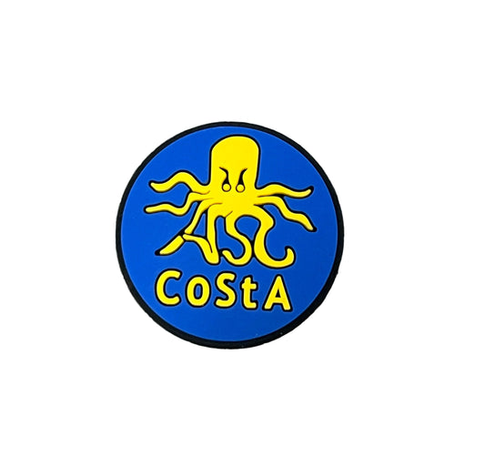 The City of St Albans Swimming Club Shoe Charm by All4Swim is a round blue badge with a yellow cartoon octopus above 