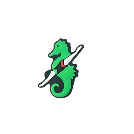 The All4Swim Carlton Forum Swimming Club Shoe Charm features a playful green seahorse illustration with a white and black diagonal stripe and a small red square, designed as a croc charm, shown on a plain white background.